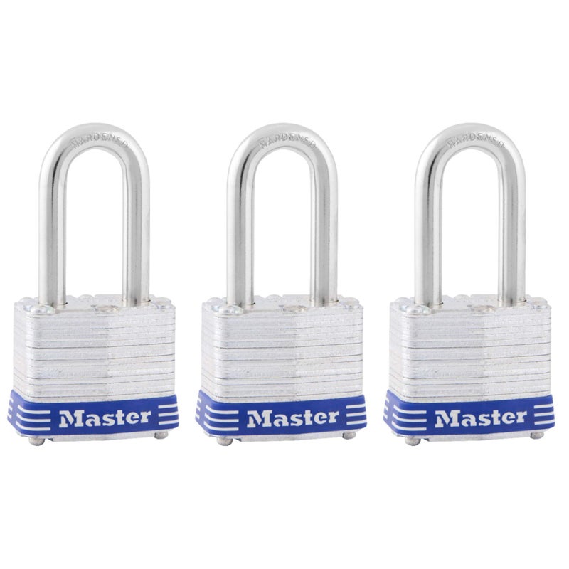 Master Lock Outdoor Padlocks, Lock Set with Keys, Keyed Alike Padlocks with Long Hardened Shackles That Resist Cutting for Gates, Sheds, Fences, 3 Pack, 3TRILF - Image 1